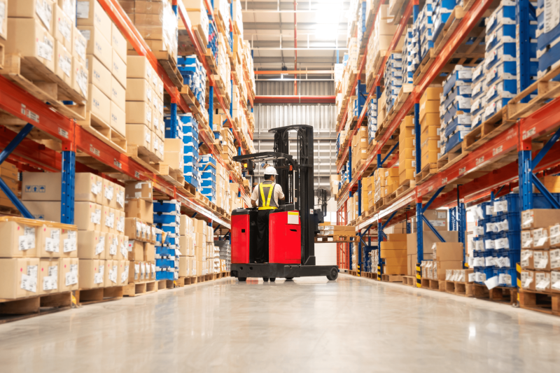 Stacked shelves in a warehouse.