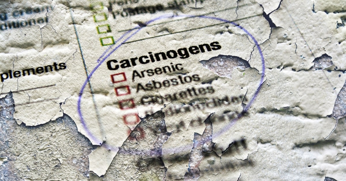A decaying piece of paper with carcinogens circled, listing Arsenic, Asbestos, Cigarettes.